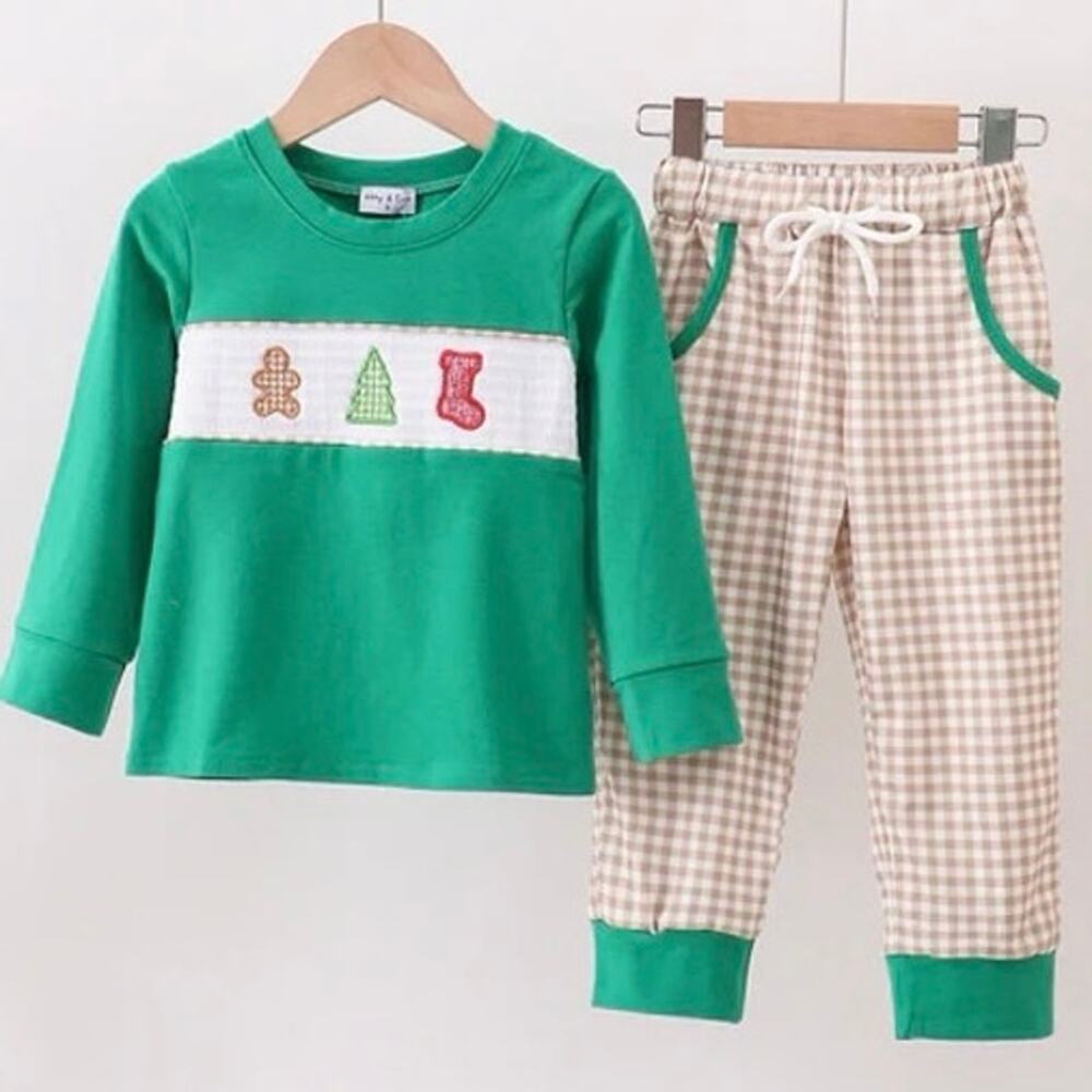 NEW Abby & Evie Gingerbread‎ 2 Piece Outfit Green Top Tan Check Pants Size 4